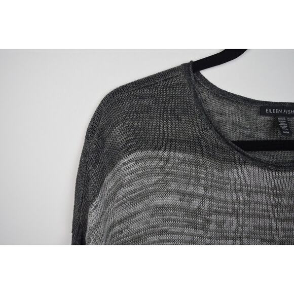 Eileen Fisher Womens Sweater Open Knit Linen Gray Striped Long Sleeve Sz Medium - Picture 4 of 16